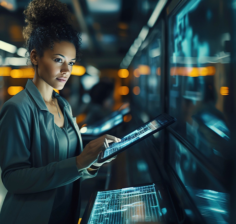 A cloud specialty professional stands in a sleek data-center control room, reviewing complex dashboards on a transparent digital tablet and monitoring cloud-server arrays through a wall of ambient screens, highlighting the role of designing and managing advanced cloud infrastructure.