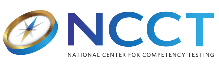 Logo of the National Center for Competency Testing (NCCT) featuring the acronym “NCCT” in stylized letters with a blue and gold color scheme on a white background.