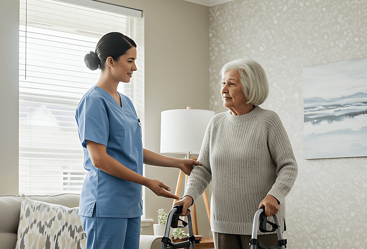 A geriatric medical assistant gently supports an older adult during a wellness check in a bright clinic, demonstrating compassionate care and clinical professionalism.